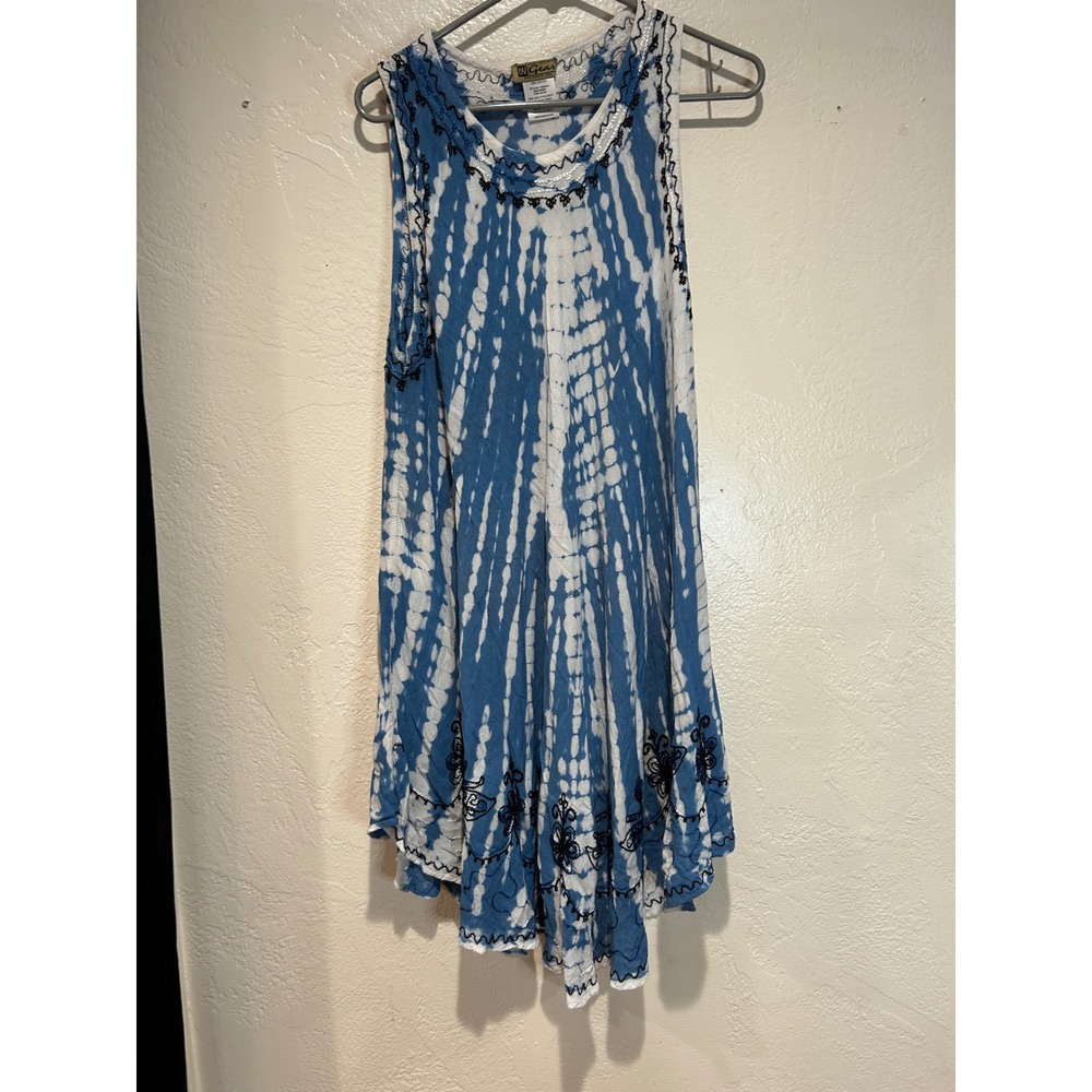 In Gear Blue White Tie Dye Embroidered Sleeveless Tunic Dress One Size 109R503